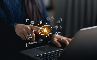 Close-up woman hand point finger interacting with laptop showcasing digital icons representing artificial intelligence and technology concepts in a modern workspace environment