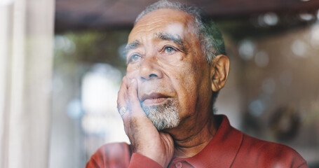 Depression, window and thinking with senior man in retirement home for loss, memories or nostalgia....