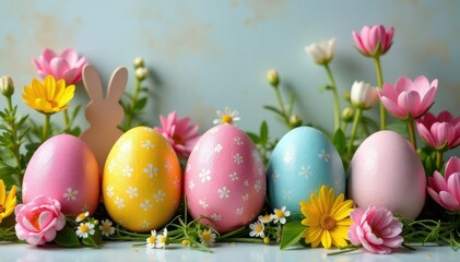 Colorful Easter eggs displayed in a festive arrangement with spring flowers and bunny decorations , Easter, rabbit, happy easter