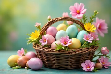 Colorful Easter eggs in a basket, decorated with flowers and ribbons , spring holiday, spring time