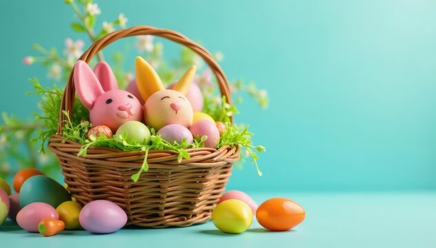 Colorful Easter candy assortment in a basket, springtime treats ,  spring colors,  celebration sweets,  treats