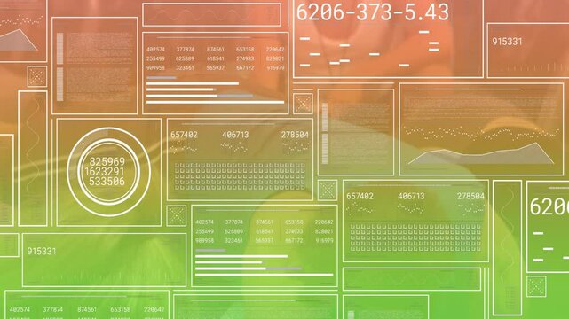Tech designer analyzing clear data panels over grassy field showcasing animated charts and metrics