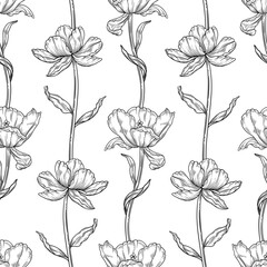 Floral seamless pattern with outline tulips. Beautiful delicate flowers with leaves. Vintage decorative wallpaper, template for fashion design. Botanical print on white background, vector illustration