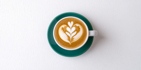 An overhead view shows a cup of creamy latte art on a green saucer against a white table top.