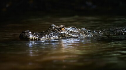 Close-up of a dark-colored crocodile in murky water.