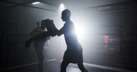 Personal trainer, sports and kick with men in boxing ring for sparring practice, kickboxer training...