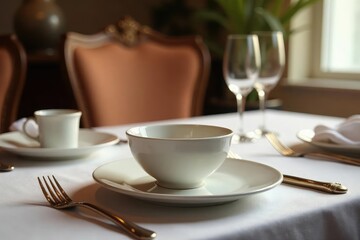 Fototapeta premium Elegant table setting, soft lighting, fine china , interior, evening, scene