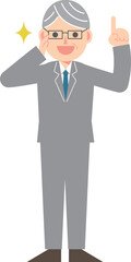 人差し指を立てるメガネをかけたスーツ男性
