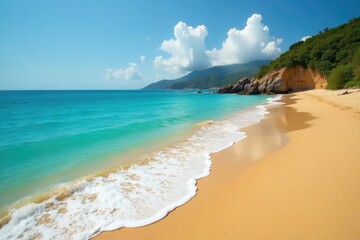 Golden sand meets turquoise waves, scenic coastline , landscape, seashell