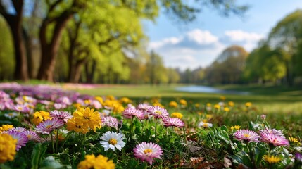Obraz premium blurred spring nature background featuring a colorful blooming glade