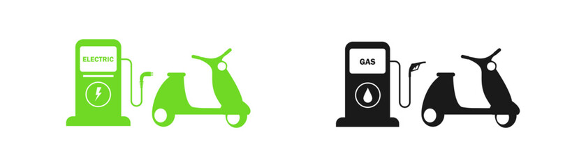 Gasoline motorcycle and electric motorcycle at a gas station. Charging a motorcycle at a charging station. Eco-motorcycle. Vector illustration of the concept of ecological transport.