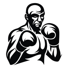Stylized monochrome vector art of a determined boxer with gloves raised