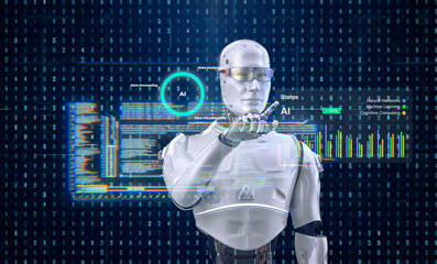 Humanoid robot or ai cyborg with virtual graphic display