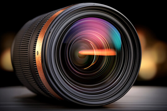Fototapeta A professional camera lens reflecting colorful lights showcasing optics and high quality glass.