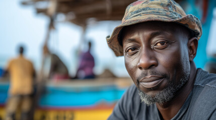 
 African European and Latin American fishermen with their boats