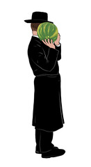 Illustration of an Orthodox Jewish man in traditional attire carrying a watermelon on his shoulder. Cultural blend of daily life, modesty, and symbolic gesture of nourishment and responsibility.