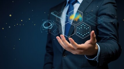 Businessperson displays a digital interface in the palm.