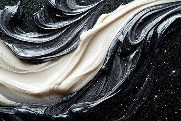 Black, white, and gray swirls of cosmetic cream on a black background, creating an abstract design.