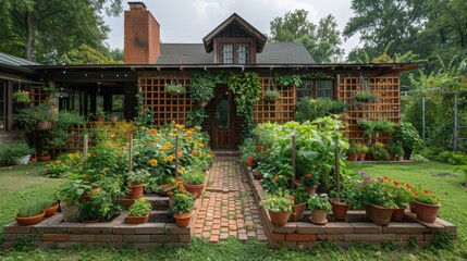 Fototapeta premium Handmade trellis in a backyard herb garden