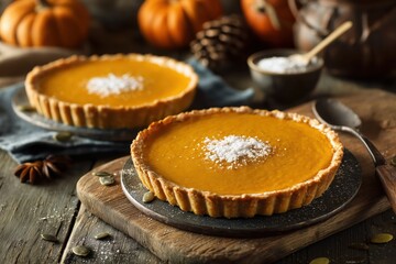 Two Mini Pumpkin Pies on Wooden Board On A transparent Background