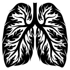 Stylized black and white lung illustration with a complex branching pattern