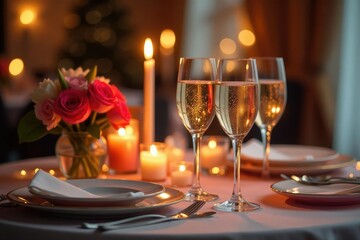 Romantic anniversary dinner setting with candles, flowers, and champagne , affection, flowers, setting