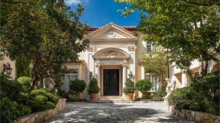 Obraz premium Grand mansion entrance with ornate doorway, framed by lush greenery; timeless elegance of luxury estate architecture. 