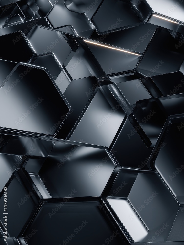 Poster abstract geometric shapes in a dark reflective environment, showcasing depth and light interaction w