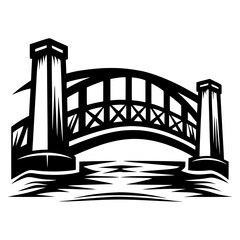 Stylized black and white bridge over rippling water vector illustration
