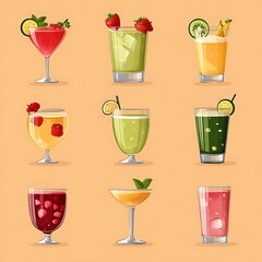 Colorful beverage illustrations displayed in a grid format.