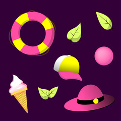 illustration set of flat items for relaxing on the beach in summer on a dark background