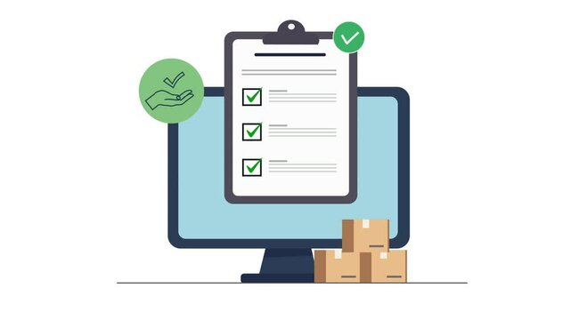 Successful delivery package check Concept. On Computer screen, a document filled with a green checkmark in a checkbox, next to a cardboard box icon. Verified and Accepted Delivery with Success.
