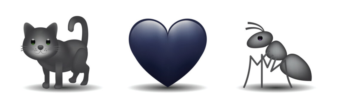 Naklejki 3 emoticons isolated on white background. Black color heart, cat, ant vector emoji illustration. 3d illustration set.