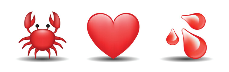 3 emoticons isolated on white background. Red color heart, crab, blood drops vector emoji illustration. 3d illustration set.