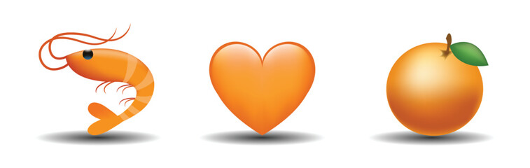 3 emoticons isolated on white background. Orange color heart, orange fruit, shrimp vector emoji illustration. 3d illustration set.