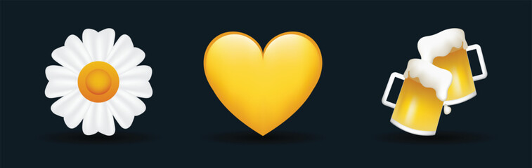 3 emoticons isolated on white background. Yellow color heart, daisy, two glasses with beer vector emoji illustration. 3d illustration set.