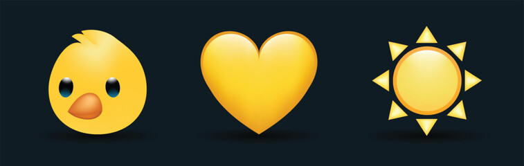 3 emoticons isolated on white background. Yellow color heart, chicken, sun vector emoji illustration. 3d illustration set.