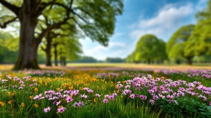A blurred background of spring nature with a blooming glade, where fields of colorful flowers stretch across the meadow