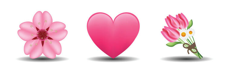 3 emoticons isolated on white background. Pink color heart, Sakura, bouquet vector emoji illustration. 3d illustration set.