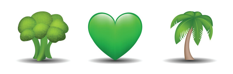 3 emoticons isolated on white background. Green color heart, broccoli, palm vector emoji illustration. 3d illustration set.
