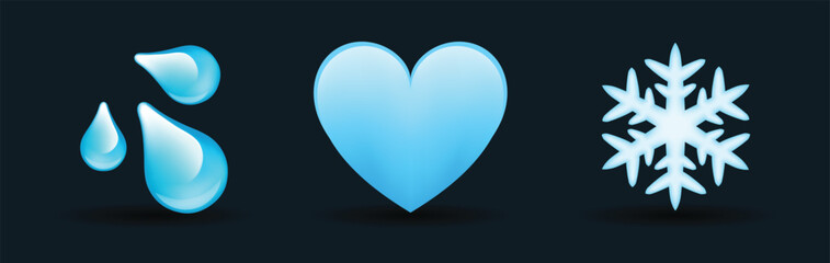 3 emoticons isolated on white background. Blue color heart, water drops, snowflake vector emoji illustration. 3d illustration set.