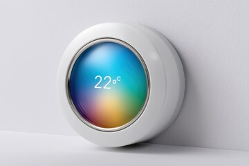 Fototapeta premium Isolated smart thermostat with digital screen showing temperature and energy-saving mode, minimalistic design on white backdrop, 