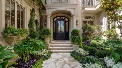Fototapeta premium Grand mansion entrance with ornate doorway, framed by lush greenery; timeless elegance of luxury estate architecture. 