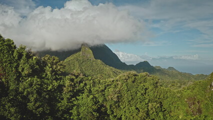 Drone fly over mountain ridge covered by green rainforest lush vegetation, blue sky and clouds in background. Moorea tropical island landscape. Remote wild nature scene, exotic travel. Aerial shot