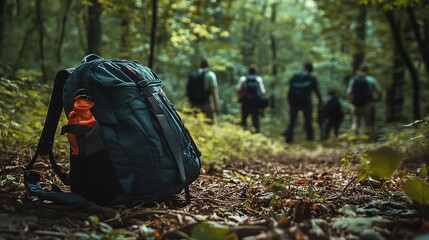 Child's backpack rests on forest floor as searchers look for missing person in wooded area