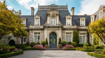 Grand mansion entrance with ornate doorway, framed by lush greenery; timeless elegance of luxury estate architecture.
