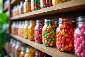 A colorful array of candies in glass jars, on wooden shelves Bright, cheerful, and delicious , colorful, sugary treats, dessert