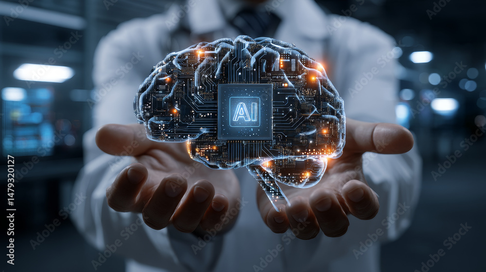 Poster circuit board in shape electronic brain with gyrus, symbol ai hanging over hand. symbol of computer 