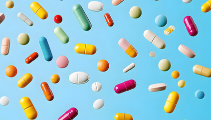 A vibrant array of assorted capsules and pills floating against a blue background, representing health and wellness.