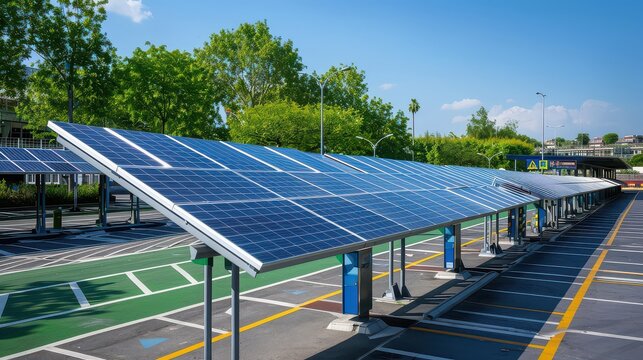 Solar energy systems installed in a public transportation hub providing clean power.